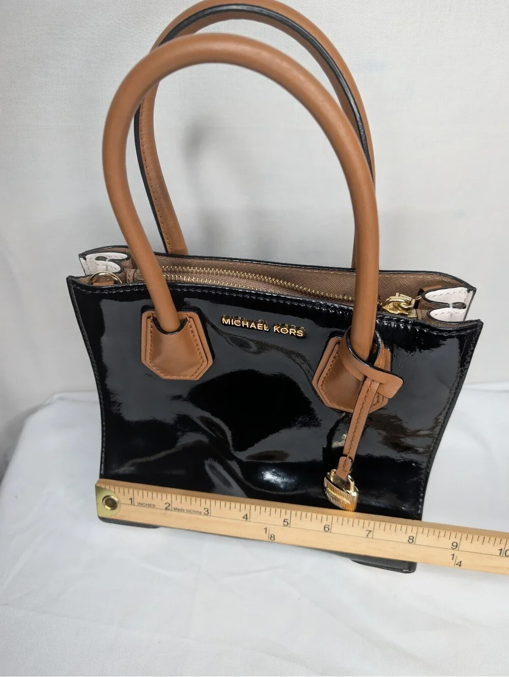 Michael Kors Small Patent Leather Tote Bag with Tan Handles and Gold Hardware
